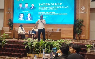 KETUA IPRAHUMAS FACHRUDIN ALI HADIR SEBAGAI NARASUMBER UTAMA DALAM WORKSHOP PENGEMBANGAN PENGELOLAAN WEBSITE LEMBAGA DI UIN MATARAM